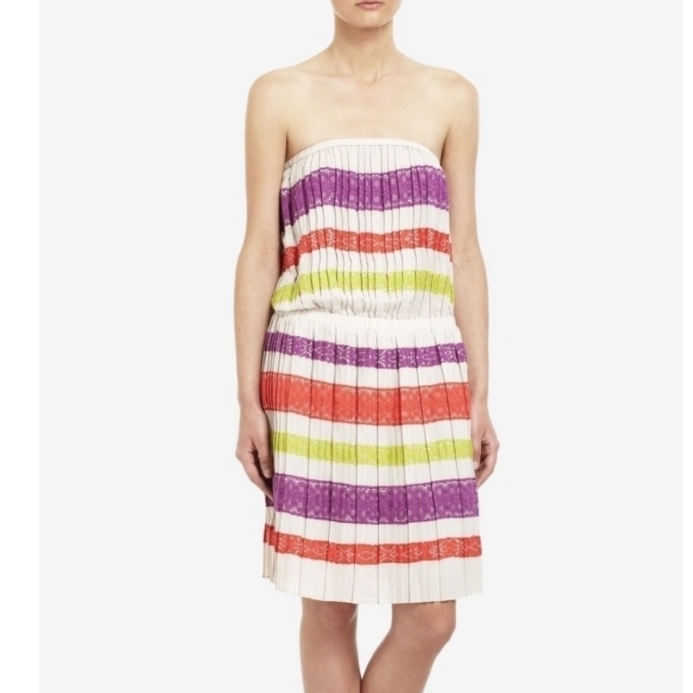BCBG Maxazria Mateo Oatmeal Pleated Colorful Lace Strapless Dress L
